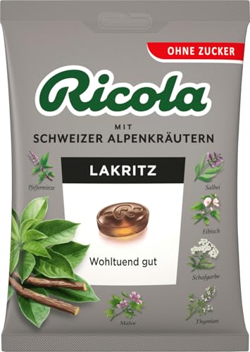 Ricola Lakritz, Original Schweizer Kräuter-Bonbons mit 13 Schweizer Alpenkräutern, zuckerfrei, für wohltuenden Genuss, 1 x 75g, vegan von Ricola