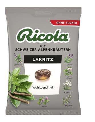 Ricola Lakritz, Original Schweizer Kräuter-Bonbons mit 13 Schweizer Alpenkräutern, zuckerfrei, für wohltuenden Genuss, 1 x 75g, vegan von Ricola
