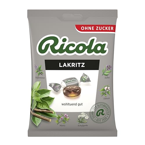 Ricola Lakritz, 75g Beutel Original Schweizer Kräuter-Bonbons mit 13 Schweizer Alpenkräutern, zuckerfrei, 1 x 75g, vegan von Ricola