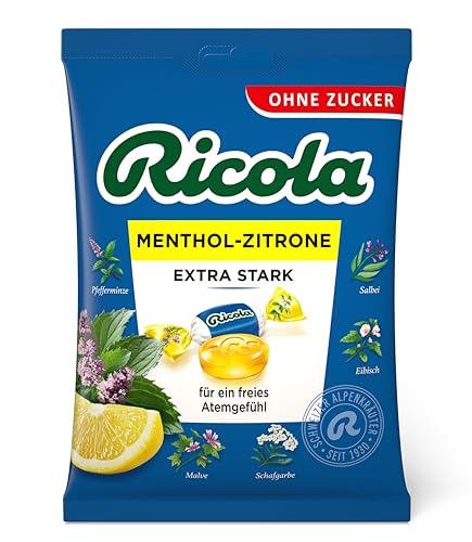 Ricola Menthol Zitrone Extra Stark, Schweizer Kräuterbonbon, 1 x 75g Beutel, ohne Zucker, Für ein freies Atemgefühl (Packung mit 10) von Ricola