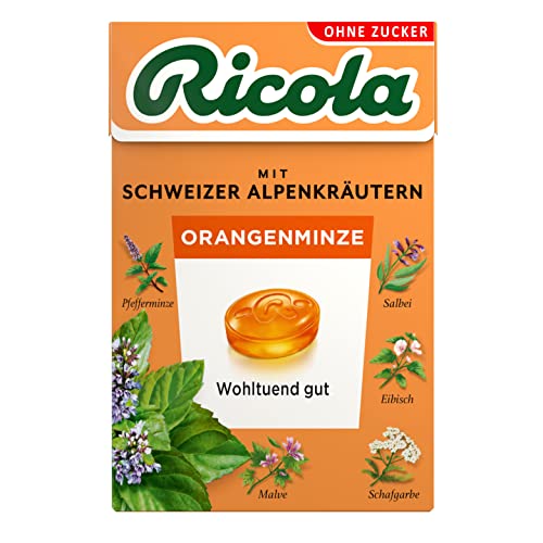 Ricola Orangenminze, 50g Böxli original Schweizer Kräuter-Bonbons mit 13 Alpenkräutern & fruchtig-frischer Orange, zuckerfrei, 1 x 50g von Ricola