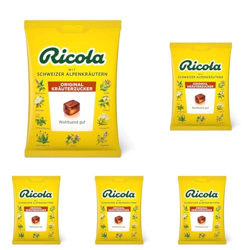 Ricola Original Kräuterzucker 1 x 75g, original Schweizer Kräuter-Bonbons mit 13 Alpenkräutern & Menthol, wohltuend gut (Packung mit 5) von Ricola