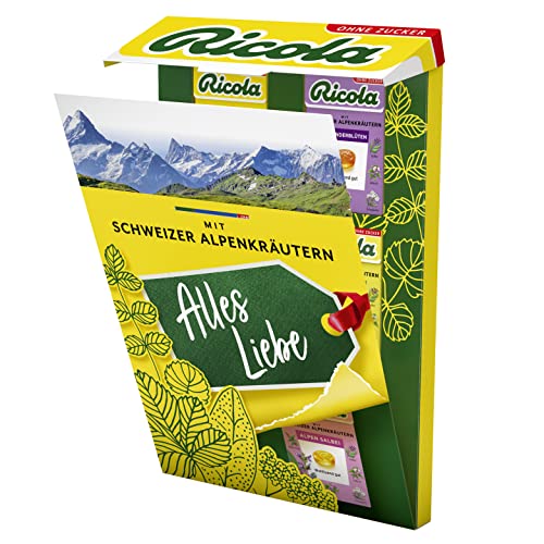 Ricola Geschenk-Set "Alles Liebe", Riesenböxli mit 6 der beliebtesten Sorten im Mix, original Schweizer Kräuter-Bonbons, zuckerfrei, vegan von Ricola