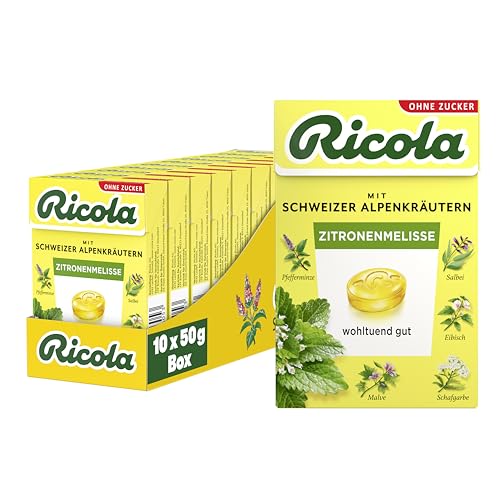 Ricola Zitronenmelisse, 10 Böxli Schweizer Kräuter-Bonbons mit 13 Alpenkräutern & erfrischendem Zitronen-Geschmack, zuckerfrei, 10 x 50g, vegan von Ricola