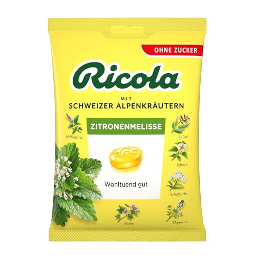 Ricola Zitronenmelisse 75g Beutel, Schweizer Kräuter-Bonbons mit 13 Alpenkräutern & erfrischendem Zitronen-Geschmack, zuckerfrei, 1 x 75g, vegan (Packung mit 10) von Ricola