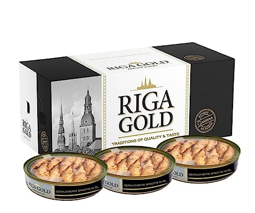 Riga Gold Geräucherte Sprotten in Öl- Verzehrfertige Fischkonserven – Konserven und eingelegte Produkte für schnelle Mahlzeiten und Beilagen -12x120g von RIGA GOLD