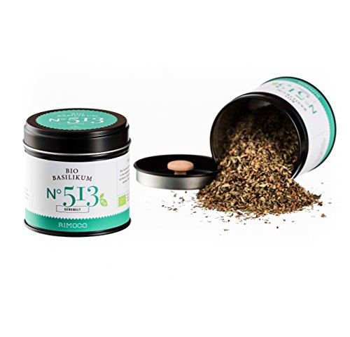 Bio Basilikum N°513 - biologisch angebaut, gerebelt, der mediterrane Klassiker, in eleganter Gewürzdose mit doppeltem Aromadeckel, Inhalt: 15g von Rimoco