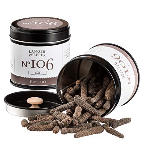 Rimoco N°106 Bio Langer Pfeffer ganze Stangen - Pkante Pfefferstangen süßlich, würzig, rauchig mit intensivem Aroma | Bio Anbau (DE-ÖKO-007) | 50g in eleganter Gewürzdose mit Aromadeckel von Rimoco