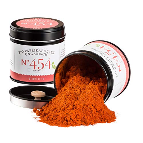 Rimoco N°454 Bio Paprikapulver ungarisch scharf - Paprika Pulver fein gemahlen aus Ungarn | pikant, feurig & fruchtig | Bio Anbau (DE-ÖKO-007) | 80g eleganter Gewürzdose mit Aromadeckel von Rimoco