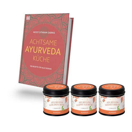 "Rimoco Geschenkset "Ayurveda Küche" - Set Inhalt: Achtsame Ayurveda Küche Kochbuch, Ayurveda Golden Milk 60g, Ayurveda Happy Gemüse 55g, Ayurveda Mediterran 55g von Rimoco