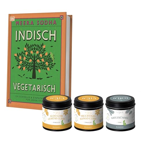 Rimoco Geschenkset "Indisch Vegetarisch" - Inhalt: Indisch Vegetarisch Kochbuch, Aloo Gobi Gemüsecurry 70g, Mango Curry 70g, Kreuzkümmel 60g von Rimoco