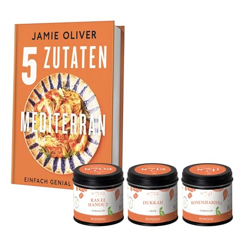 Rimoco Gewürze Geschenkset aus 3 Bio Gewürzen + Jamie Oliver Kochbuch "5 ZUTATEN MEDITERRAN" - Gewürz Set bestehend aus Bio Ras el Hanout 60g, Bio Dukkah Gewürz 75g und Bio Rosenharissa 60g von Rimoco