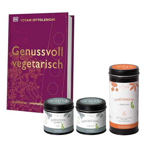 Rimoco Gewürze Geschenkset aus 3 Bio Gewürzen + Ottolenghi Kochbuch "GENUSSVOLL VEGETARISCH" - Gewürz Set bestehend aus Bio Gemüsebrühe 200g, Bio Koriandersamen 40g und Bio Kreuzkümmel 60g von Rimoco