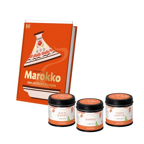 Rimoco Gewürze Geschenkset aus 3 Bio-Gewürzen + das Kochbuch "MAROKKO" - Gewürze Set bestehend aus Bio Ras el Hanout 60g, Bio Harissa 55g und Bio Tajine Gewürz 80g von Rimoco