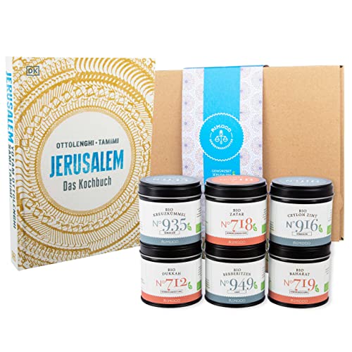 Rimoco Ottolenghi Geschenkset "Jerusalem" - Set Inhalt: Ottolenghi Jerusalem Kochbuch, Dukkah 75g, Zatar 50g, Baharat 60g, Ceylon Zimt 50g, Kreuzkümmel (Cumin) 50g, Berberitzen 40g von Rimoco