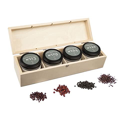 Rimoco Premium Pfeffer Geschenkset - N°119 Kampot Pfeffer rot 80g | N°122 Madagaskar Pfeffer 70g | N°124 Fermentierter Kampot Pfeffer 65g | N°113 Szechuan Pfeffer 40g | in edler Holz Geschenkbox von Rimoco