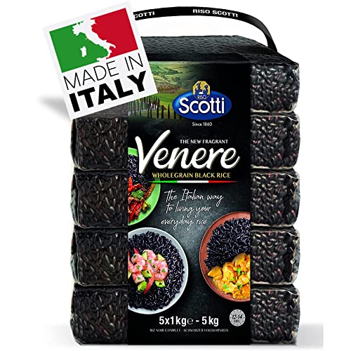 5 kg, schwarzer Reis, angebaut in Italien, Venere Riso Scotti, aromatischer nussiger Flavoe Vollkorn, 5 x 1 kg, hohe Ballaststoffe und Antioxidantien, vakuumverpackt von Riso Scotti