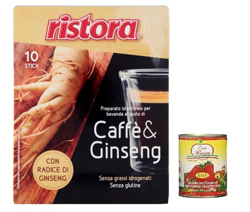 3x Ristora Instant Ginseng & Kaffee Drink 10 Beutel, 100 g, Original aus Italien! + Zia Rosa DOP Pomodoro San Marzano Dose von 400g von Ristora