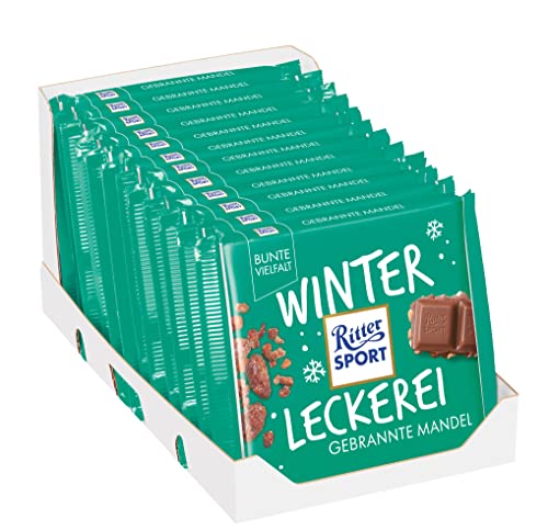 RITTER SPORT Gebrannte Mandel, 12 x 100 g, Winterschokolade mit gebrannten Mandeln, knackige Winter-Nussschokolade aus Vollmilch mit karamellisierten Mandel-Stücken von Ritter Sport