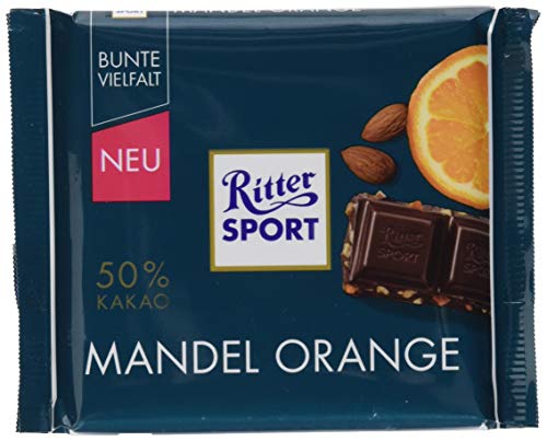 RITTER SPORT Mandel Orange, 100 g, dunkle Schokolade verfeinert mit Mandel- & Orangeatstücken, leckere Halbbitterschokolade mit fruchtigem Orangengeschmack von Ritter Sport