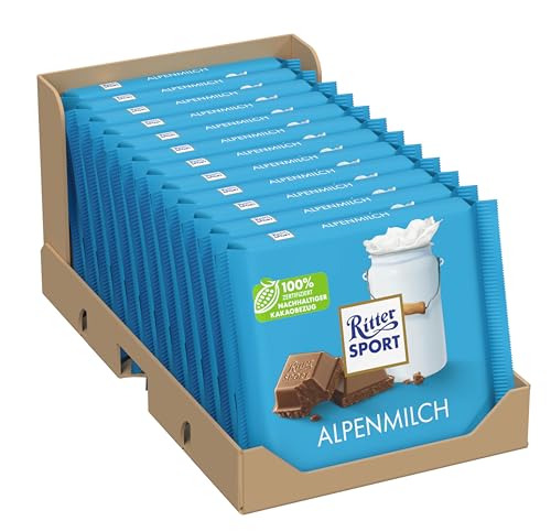 Ritter Sport Alpenmilchschokolade, Vollmilchschokoladen-Klassiker zum Teilen mit Freunden, cremiger Geschmack aus Alpenmilch, 12 x 100g von Ritter Sport