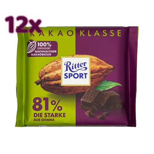 Ritter Sport 81% Ghana Kakao Schokolade - Die Starke, Zartbitterschokolade mit intensivem Kakao-Geschmack, Schokoladen-Klassiker zum Teilen mit Freunden, 12 x 100g Tafeln von Ritter Sport