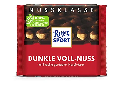 Ritter Sport Dunkle Voll-Nuss 100 g, ganze Haselnüsse in einer dunklen Tafelschokolade, Halbbitterschokolade mit dem besonderen Crunch von Ritter Sport