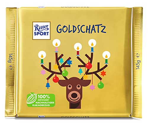 Ritter Sport Goldschatz, 12 x 145 g, klassische Vollmilchschokolade aus Edelkakao, Schokolade im weihnachtlichen Design, kräftiger Kakao & feine Milchnote, extra große Tafel von Ritter Sport