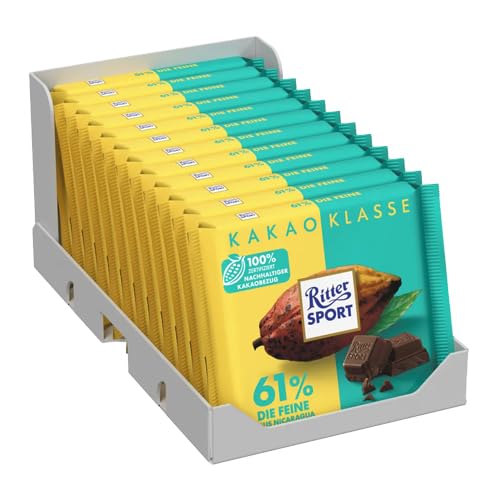 Ritter Sport 61% Nicaragua - Die Feine, Zartbitterschokolade mit edlem Kakao-Geschmack, Schokoladen-Klassiker zum Teilen mit Freunden, 12 x 100g Tafeln von Ritter Sport