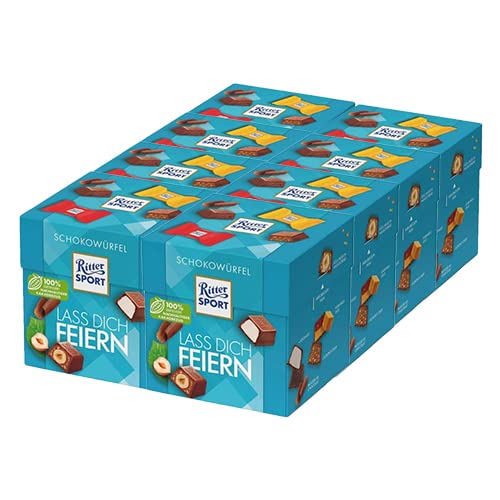 Ritter Sport Schokowürfel Lass dich feiern, Joghurt, Schoko Crisp, Mousse au Chocolat, Voll-Nuss in Nugatcreme, Karamell Duo, geeignet für Muttertag und Vatertag, 8 Boxen mit je 176 g von Ritter Sport