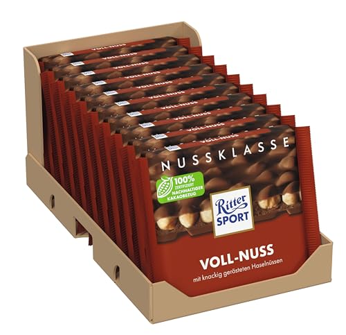 Ritter Sport Voll-Nuss, Vollmilchschokolade mit knackigen, ganzen Haselnüssen, Nuss-Schokoladentafel aus hochwertigem Kakao, perfekt zum Naschen, 10 x 100g von Ritter Sport