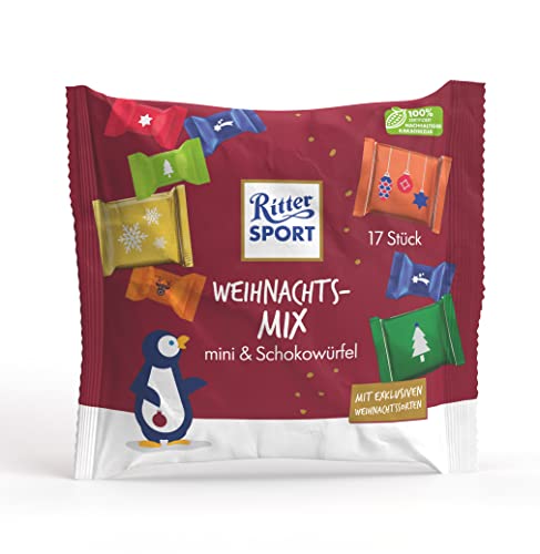 Ritter Sport Weihnachtsmix 195 g, Weihnachtsschokolade mit winterlichen Sorten im festlichen Design, Limited Edition Schokowürfel und minis aus hochwertigem Kakao im Papierbeutel von Ritter Sport