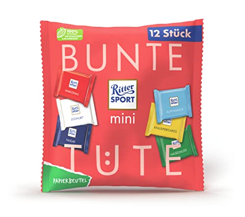 Ritter Sport mini Bunte Tüte 200 g, Schokoladen-Mix mit 12 minis im praktischen Papierbeutel, verschiedene Sorten mini-Täfelchen in abwechslungsreicher Auswahl zum Teilen von Ritter Sport