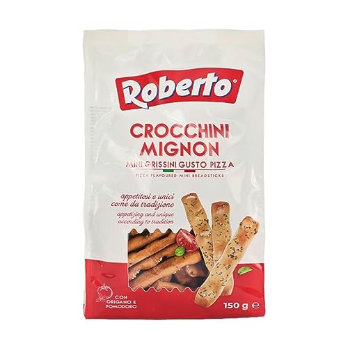 Roberto Crocchini Mignon Pizza 10x150g Beutel | Mini Crissini Brotstangen mit Pizza-Geschmack Tomate Oregano | als Snack, Beilage oder im Büro von Roberto