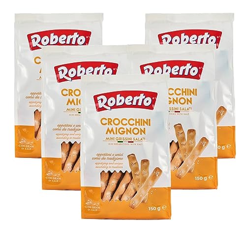 Roberto Crocchini Mignon Salati 5x150g Beutel | Mini Crissini Brotstangen mit Salz als Snack, Beilage und zum Salat | traditionelle Brot-Sticks von Roberto