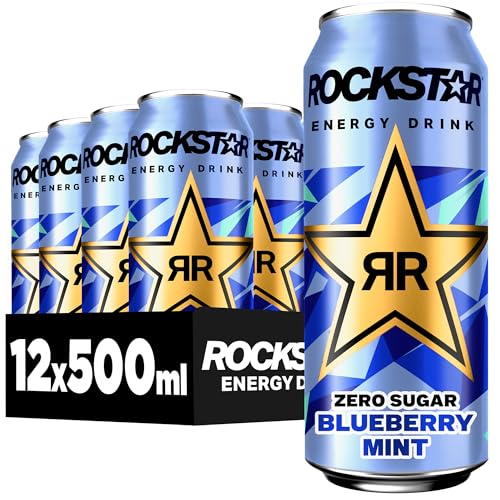 Rockstar Energy Drink Blueberry Mint Zero Sugar - Koffeinhaltiges Erfrischungsgetränk ohne Zucker für den Energie Kick, EINWEG (12 x 500ml) von Rockstar