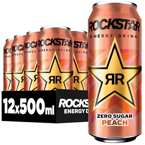 Rockstar Energy Drink Peach Zero Sugar - Koffeinhaltiges Erfrischungsgetränk ohne Zucker für den Energie Kick, EINWEG (12 x 500ml) von Rockstar