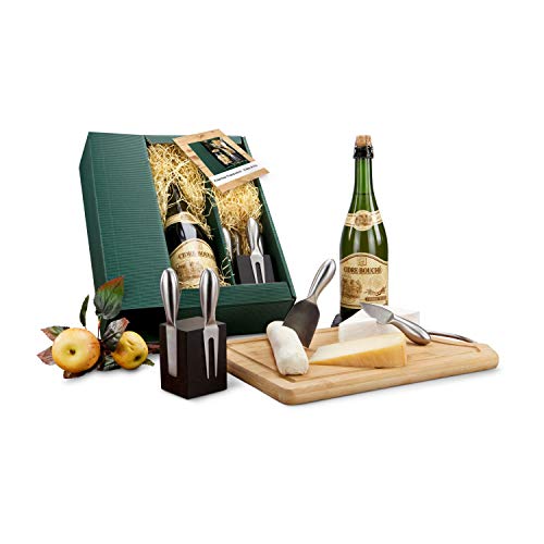 Römer Präsente Geschenkset Frisches Frankreich: 8-teilig; 1 Cidre/Apfelschaumwein aus Frankreich + 1 magnetischer ROMINOX Käsemesserblock + 4 Besteckteile + Infoflyer + Geschenkbox und Dekomaterial von Römer Präsente