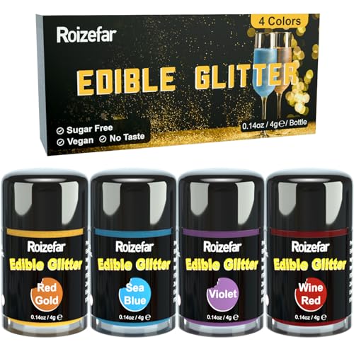 Essbares Glitzer Set, Roizefar 4 Farben geschmacklos essbare Glitzerpulver, Glitzer Essbar für Torte/Glitzer Essbar Getränke für Ostern, Weihnachten, Oktoberfest Party, Champagner, Cocktails. 4g/Dose von Roizefar