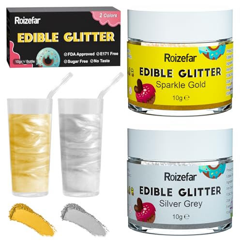 Roizefar Essbarer Glitzer – 2 Farben x 10 g, Lebensmittelfarbe für Getränke, Lebensmittel-Glitzer für Cocktails, Kuchen, Sahne, Muffins, Pralinen von Roizefar