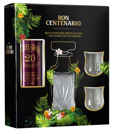 Ron Centenario 20 Solera Fundacion | Geschenkset mit einem Decanter und zwei Tumblern | Hergestellt im Solera-Verfahren | weich und harmonsch im Geschmack | 700ml von Ron Centenario