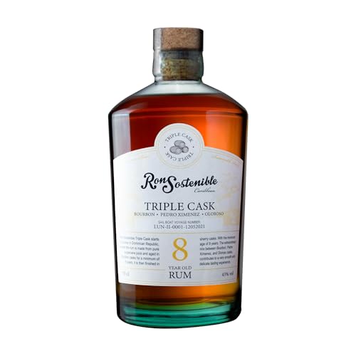 Ron Sostenible Triple Cask Rum | Bewusst hergestellt | Noten von Feigen, Datteln, Rosinen, Karamell, Vanille, Orangenschale, würziger Eiche | 8 Jahre + 5 Monate gereift | 700 ml – 43% ABV von Ron Sostenible