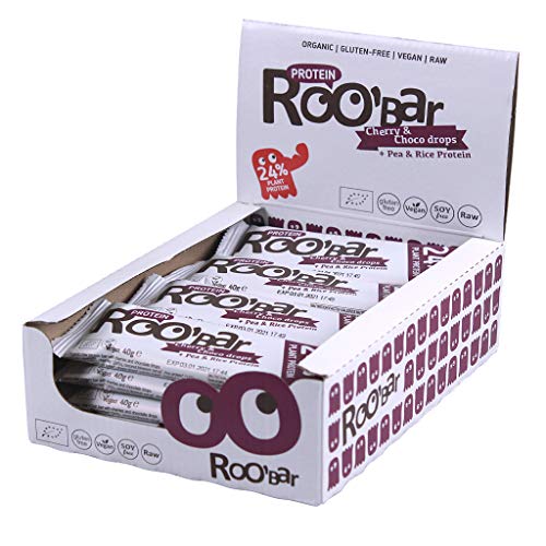 Roobar Protein Kirsche & Schokodrops - 100% Bio, Vegan Proteinriegel, Milchfrei & Glutenfrei 16 x 40g Protein-Riegel in einer Box von ROOBAR