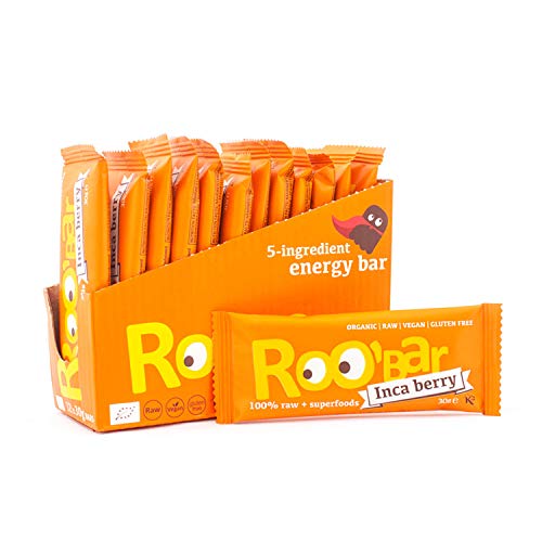 Roobar Rohkostriegel Inka-Beeren – Milchfrei & Glutenfrei, 100% Bio, Vegan,Roh, mit Superfoods, Ohne Zusatz von raffiniertem Zucker – 12 x 30g Riegel in einer Box von ROOBAR