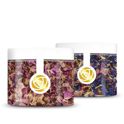 Rosie Rose essbarer Blütenmix in rot und blau, 2er Set, 2 x 10g getrockneter Blumenmix, mit Rosenblüten, Kornblumenblüten und Ringelblüten, als Tortendeko, Zum kochen & für Salate von Rosie Rose