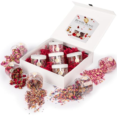 Rosie Rose essbare Blüten Geschenkbox - Getrocknete Blumen für Seife, Torten Deko Blumen, Kochen 6 Tee - 5er Set: 2x Rosenblätter, 1x Rosenblüten getrocknet & 2x Konrblumenblüten von Rosie Rose