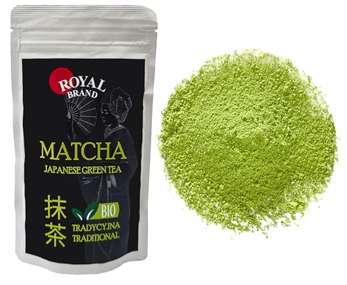 Royal Brand Matcha Pulver Bio 100g, Grüntee aus Japan Zertifizierter Matcha BIO Premium Green Tea aus Japan. Japanischer ideal zum Trinken Grüntee für Latte, Smoothies. Getränk Hergestellt in Shizuoka von Royal Brand