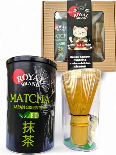 Royal Brand Matcha-Set 100 g Bio-Matcha pulver und Matcha-Besen in Geschenkbox mit niedlicher Katze Matcha Tee Pulver Bio Original Green Tea aus Japan Japanischer ideal zum Trinken Grüntee für Latte von Royal Brand