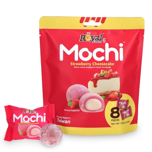 ROYAL FAMILY Mochi - Strawberry Cheesecake, gefüllte Klebreiskuchen nach japanischer Art, Süßer Snack Nachtisch, Asiatische Süßigkeiten (1x120g, 8 Mochis pro Packung) von Royal Family