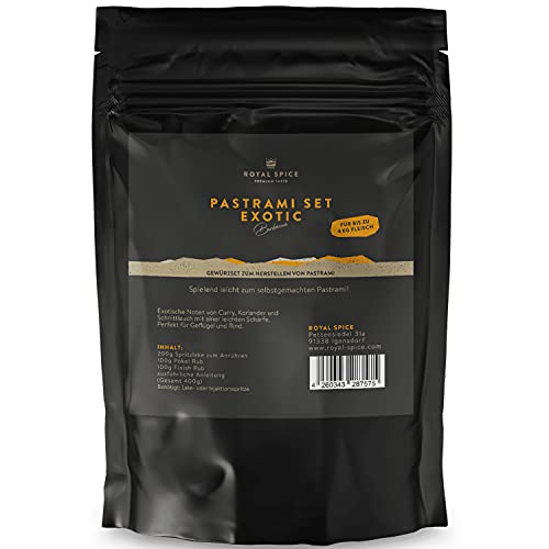 Royal Spice Pastrami Set - Exotic Curry 400g für ~ 4kg Fleisch - 3er Pastrami Gewürzmischung Set für perfekte, selbstgemachte Pastrami Sandwiches! - Pastrami Gewürz Set aus 1 x Spritzlake, 2 x Rub von ROYAL SPICE